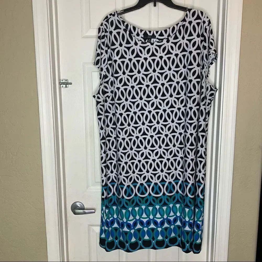 R&K Contrast Border Shift Dress Size 3X Black and White with Blue and Turquoise